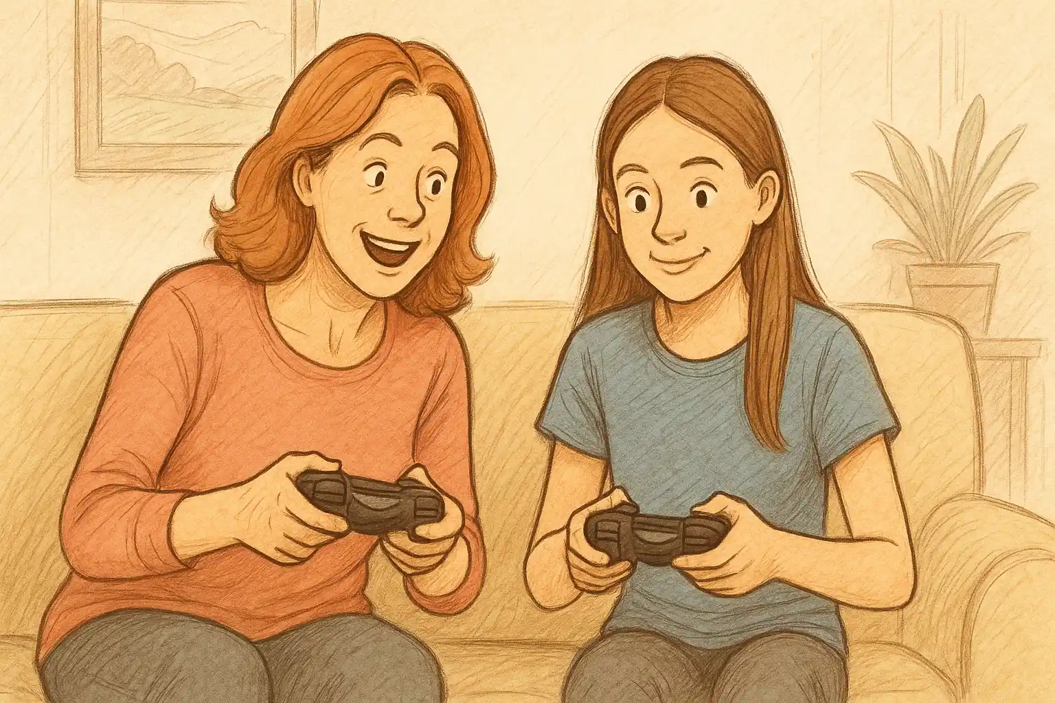 A mother is playing video games with her daughter.