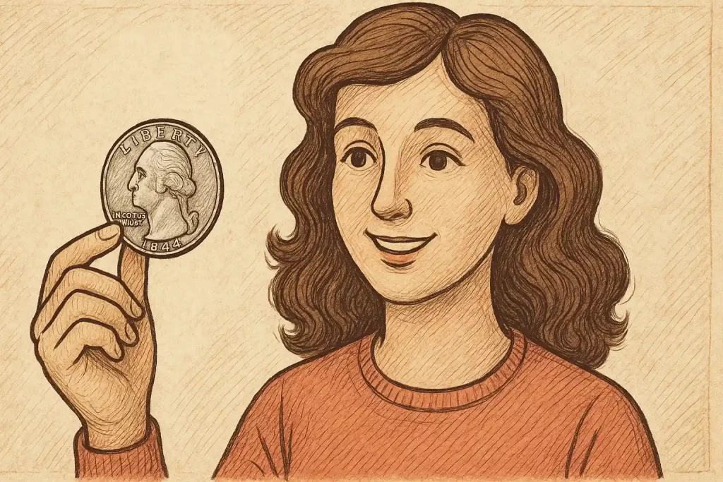 A woman holds a silver quarter in her hand.