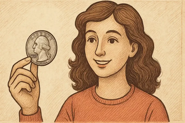 A woman holds a silver quarter in her hand.