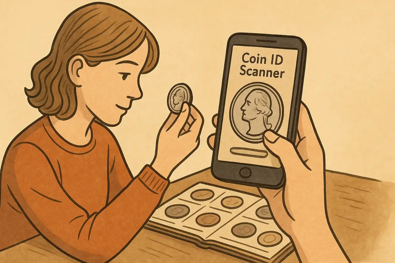 A woman is scanning a coin from her collection with the app on her smartphone.