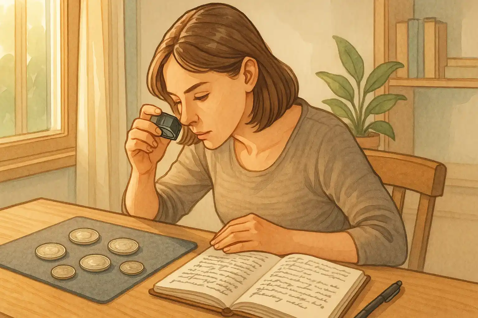 A female collector looks at coins through a magnifying glass and makes notes in a notebook.