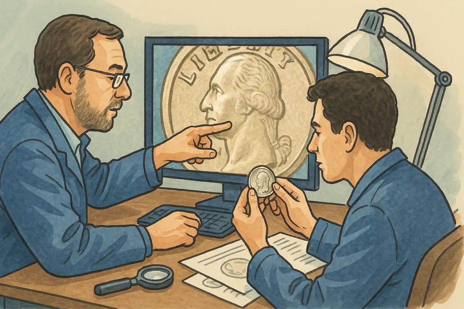 Two coin graders observe coins at their workplace.