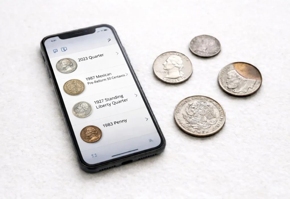 Smartphone coin identification app with mixed coins.