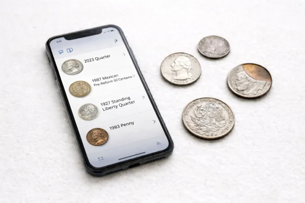 Smartphone coin identification app with mixed coins.