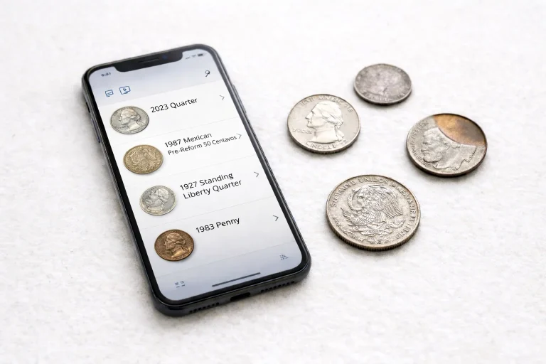 Smartphone coin identification app with mixed coins.