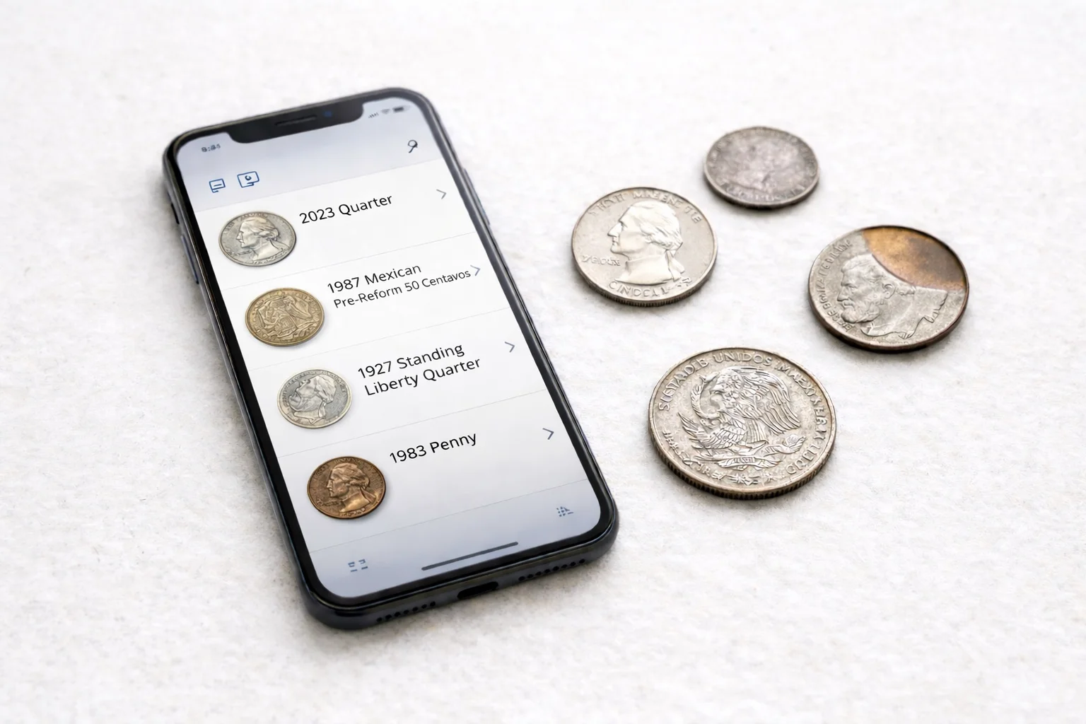 Smartphone coin identification app with mixed coins.