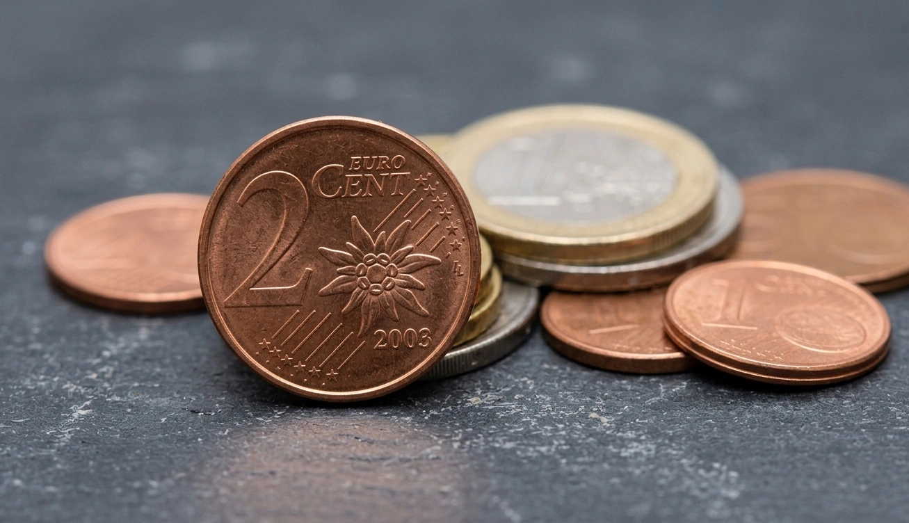 Detailaufnahme einer 2-Cent-Münze neben anderen Euro-Münzen