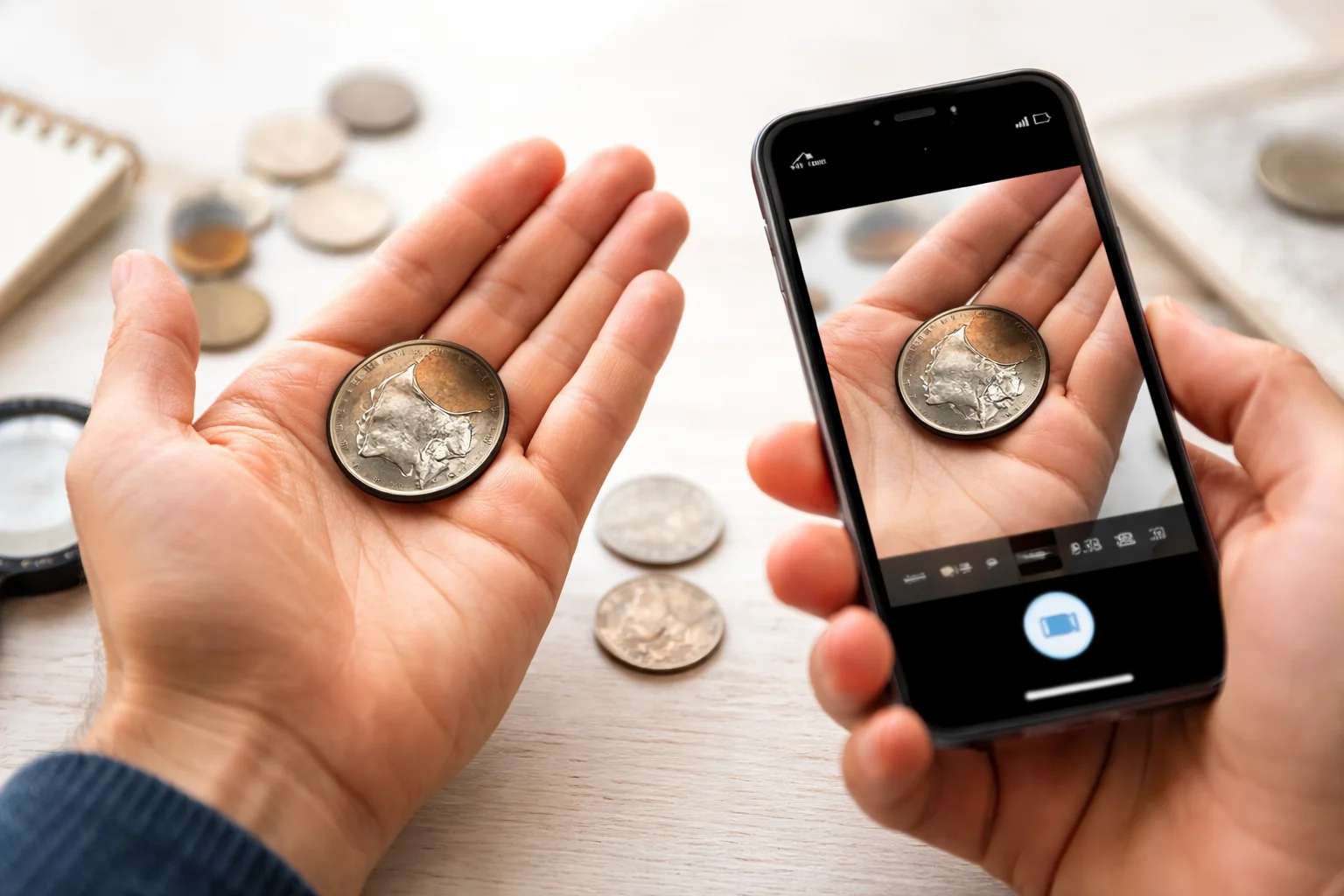 Collector photographing an unusual coin on a palm with a phone camera to identify it.